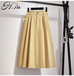 H.sa Women Summer Long High Waist Elastic Cotton Pleated Skirts Female Jupes Loose Faldas saia plissada Solid Boho 210417