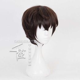 New Arrival Anime Bungo Stray Dogs Dazai Osamu Short Brown Curly Hair Heat Resistant Cosplay Costume Wig + Keychain Cap Y0913