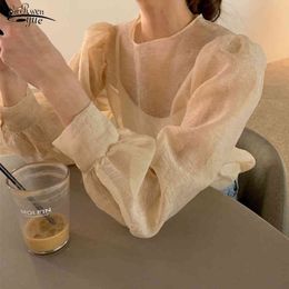 Long Sleeve Women's Shirt Mesh Top Micro-Penetration Tops See Through Sexy Blouse Women Vintage and Blusas 14339 210521