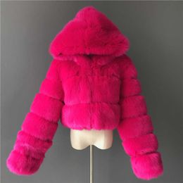 Women's Fur Faux Autumn Furry Cropped Coats Jackets Women Fluffy Top Coat Hooded Straight Short Winter Jacket Fashion Streetwear New HKD230727