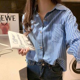 Autumn Women Shirts Blue Striped Shirt Pocket Casual OL Style Female Korean Loose Long Sleeve Blouse Tops Blusas 10429 210417