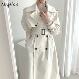Simple Chic Turn-down Collar Double-breasted Women Trench High Waist Straight Femme Jacket Solid Color Coat 210422