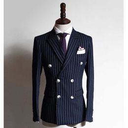 Navy Blue Stripe Business Formal Men Suits with Double Breasted 2 Pcs Custom Groom Wedding Tuxedos Male Fashion Jacket with Pant X0909