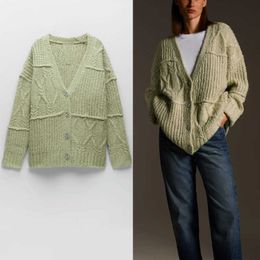 Za Patchwork Knit Cardigan Women V Neck Long Sleeve Jewel Button Sweater Knitted Top Woman Fashion Winter Green Sweaters 210602