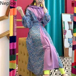 Korean Chic Fashion Print Long Dress Autumn Spring Slim Waist Wear Both Hooded Vestido Patchwork Loose Casual Ropa 47142 210422