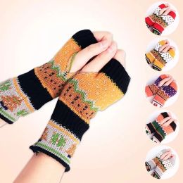 Thicken Woollen Gloves Christmas Tree Printing Fingerless Short Arm Sleeve Knitted Gloves Winter Keep Warm Half-finger Gloves