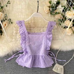 Summer Sweet Camisole High Waist Thin Short Purple Ruffle Sexy Tops L887 210527