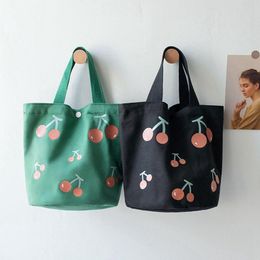 Storage Bags Korean Style Canvas Bag Water Bucket Handbag Shopping Cherry Print Waterproof Moisture Small Lunch Box School
