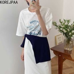 Korejpaa Women Dress Korean Chic Summer Print O-neck Loose Casual Short Sleeve Long T-shirt Vestido Shawl Two-piece Suit 210526