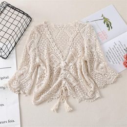 Korean Style Chic Lace Blouse Summer Beach Cover Up Sexy Hollow Out Crochet Tops Women Elegant Blouses Blusa Mujer2021 Women's & Shirts