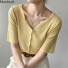 Summer Thin Knitted Cardigan Tops Women Short Sleeve V-neck Single Breasted Sweater Korean Fashion Solid Ladies Jumpers 210513