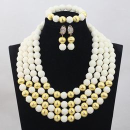 Earrings & Necklace Fabulous 4 Layers White Beaded African Fashion Jewellery Sets Gold Accessories Coral Set CNR709