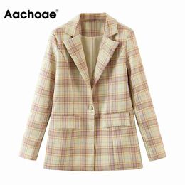 Aachoae Single Button Plaid Blazer Women Office Wear Long Sleeve Jacket Vintage Notched Collar Pockets Outerwear Coat 210413
