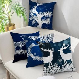 Cushion/Decorative Pillow Christmas Decorative Covers Blue Pillowcase White Elk Tree Snowflake Printing Throw Pillows For Sofa Car Cushion C