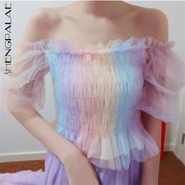 Sweet Gradient Colour Tops Women's Summer Square Collar Slim Elastic Puff Short Sleeve Mesh Shirt Female 5E37 210427