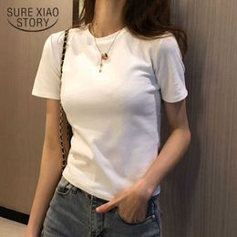 O-neck Short Sleeve T Shirt Summer Solid Slim Casual T-shirt Wild Basic Brushed Base Women Cotton Korean Tee Shirt 10376 210528