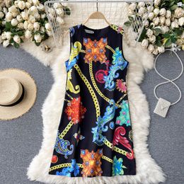 SINGREINY Design Retro Print Dress Women O Neck Sleeveless Loose Casual Dresses Summer Korean Fashion Streetwear Short Dress 210419