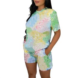 Women tie dye tracksuits casual Two piece sets summer clothing jogger suit short sleeve t shirt+shorts plus size S-2XL 5481