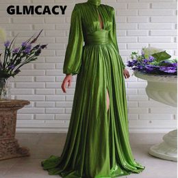 Shiny Olivine Dress Women Long Sleeve Low Cut Out Elegant Maxi Slit Dresses 210702