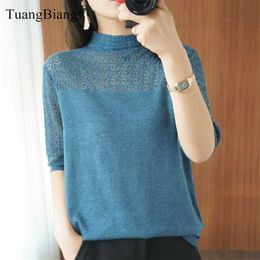 Summer Women knitted Short sleeve Thin Sweater Female Hollow out Lace Turtleneck Pullover Ladies knit Cotton Purple Jumpers 211018