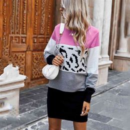 Fashion Leopard Knit Sweater Autumn Winter Bag Hip Slim Knitted Dress Women's Woollen Full O-Neck Pullovers 210508