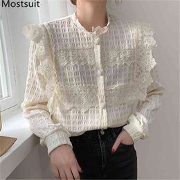 Korean Vintage Lace Women Blouse Shirt Full Sleeve Single-breasted Stylish Fashion Tops Elegant Ladies Blusas Femme 210513