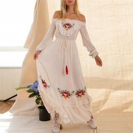 long sleeve white lace maxi dress UK - Off The Shoulder Long Sleeve Maxi Dress Women Vintage White Embroidery Lace Boho Autumn Vestidos Casual Tassel Robe 210510