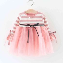 Baby Dresses Spring Autumn Girls Clothes Striped Net Yarn Splicing Princess Dress Ribbon Pearl Kids Clothing 210515