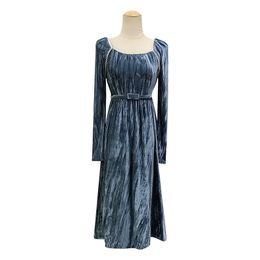 Woman Elegant Black Blue Velvet O Neck Long Sleeve Knee Length Dress A-line Solid Chic D3088 210514