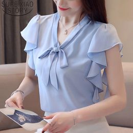 Fashion Women And Blouses Ladies Tops White Bow Shirts Chiffon Blouse V-Neck Short Sleeve Shirt 4080 50 210415