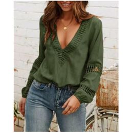 Women T-Shirt Sexy Tops Long Sleeve Loose Casual Deep V-Neck Hollow Out Spring Autumn Elegant Ladies Female Clothing 210522