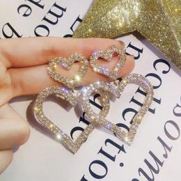 Big Double Heart Drop Earrings for Women Shiny Rhinestone Crystal Hollow Statement Earrings Korean Jewellery