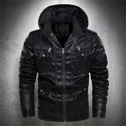 Leather Jacket Men Outwear Fashion Hooded Punk Style Vintage Motorcycle Jacket Men Outdoor Fashion Hooded Biker Jacket PU 211110