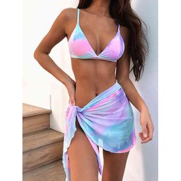 Tie Dye Three-piece Suit Sexy Bikinis Push Up Bikini Fashion Swimwear Women Straps Padded Bra Low Waist Swimsuit 210520