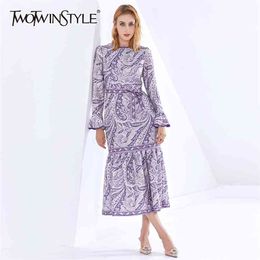 Print Purple Dress For Women O Neck Flare Sleeve High Waist Vintage Lace Up Dresses Female Fashion Clothing 210520