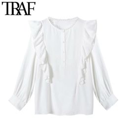 TRAF Women Fashion With Ruffled Button-up Blouses Vintage O Neck Long Sleeve Female Shirts Blusas Chic Tops 210415