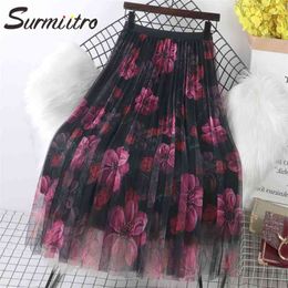 Spring Summer 3 Layers Long Tulle Skirt Women Korean Style Floral Mesh High Waist Sun Pleated Midi Female 210421