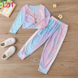 LZH Autumn Colour Tie Dye Children's Winter Clothes Casual Loose Short Sweater+Pants 2Pcs Sets Fashion Baby Girls Suits 1-6 Years X0902