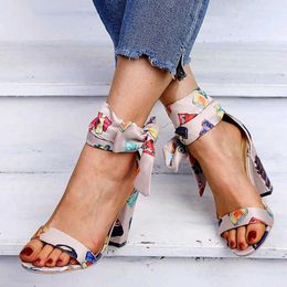 Flock High Heel Summer Ribbon Sandals Vintage Black Fashion Ankle Strap Pumps Bow-knot Casual Shoes Woman Shoes Sandalias Mujer Y0721