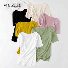 Korean casual Knit T-shirt female ops Summer u neck Shirt for Women Black White tees Short Sleeve Womens Shirts tops 210420