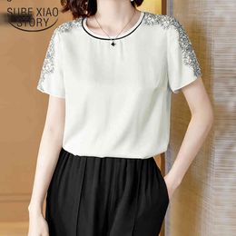Korean Style Round Neck Ladies Tops Summer Women's Silk Short-Sleeved Shirt Elegant Plus Size Loose Blouse Women 9721 210415