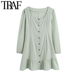 TRAF Women Chic Fashion Button-up Ruffled Mini Dress Vintage Square Collar Long Sleeve Female Dresses Mujer 210415