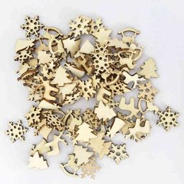 Zljq 100pcs Wooden Christmas House Ornaments Hanging Crafts Snowflake Trojan Ornament Set for Wedding Diy Xmas Tree Decoration