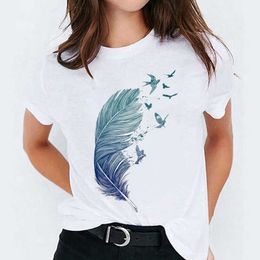 T-shirts Top for Women Watercolor Feather Bird Cartoon 90s Casual Print Lady Womens Graphic T Shirt Ladies Female Tee T-Shirt X0527