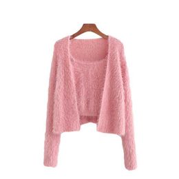 Sweet Women Causal Soft Loose Sweaters Fashion Ladies Pink Knitted Tops Elegant Female Chic Solid Two Piece Suit 210527