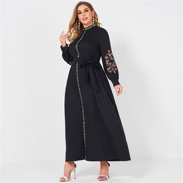 Ladies Fashion Resort Small Stand Collar Floral Embroidery Long Sleeve Loose Belt Sweet Elegant Woman Black Party Maxi Dress 4XL 210806