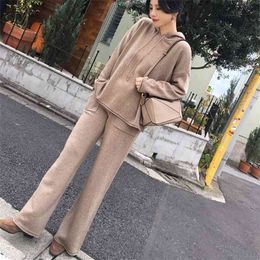 High Quality Fall Winter Warm Knitted Two Piece Set Women Outfits Hooded Pullover Sweater + Pants 2 Trousers Tracksuit 210514