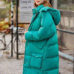 Korean Women Down Jacket Winter Fashion Loose Solid Hooded Thick Mid Long Coat Female 11940499 210527