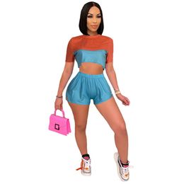 Women jogger suit summer tracksuits panelled outfits short sleeve Tees crop top+biker shorts fitness two piece set plus size 2XL casual sportswear sweatsuits 4791