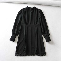 Spring Ruffled Lace Dress Women's Stand Collar Long Sleeve Vintage Loose Black Female 210607